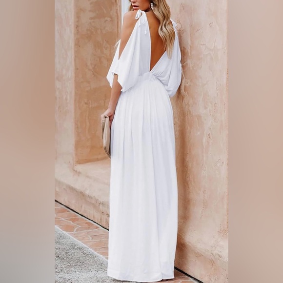 Deep Self White V Neck Maxi Dress Two Slits - Picture 2 of 5
